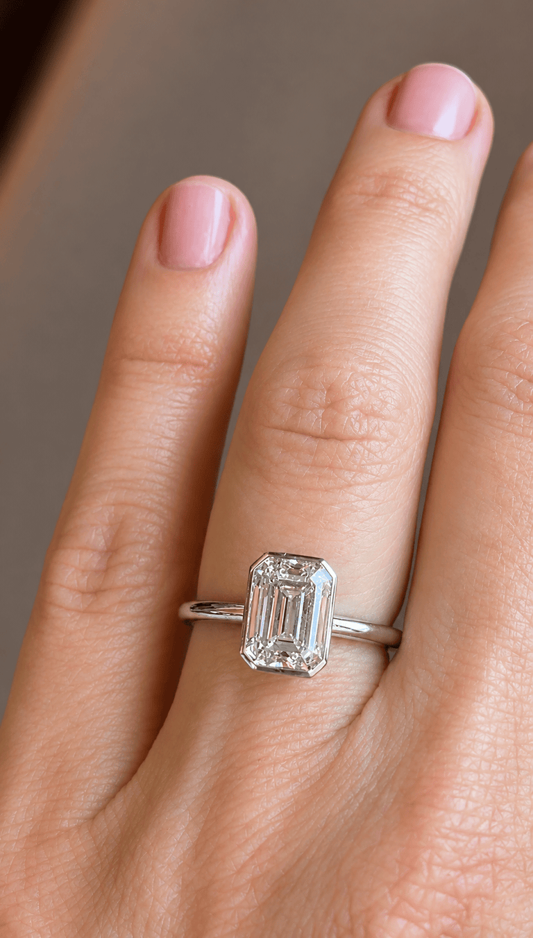 2.80 Carat Emerald Cut Diamond 18k Gold Solitaire Bezel Set Engagement Ring