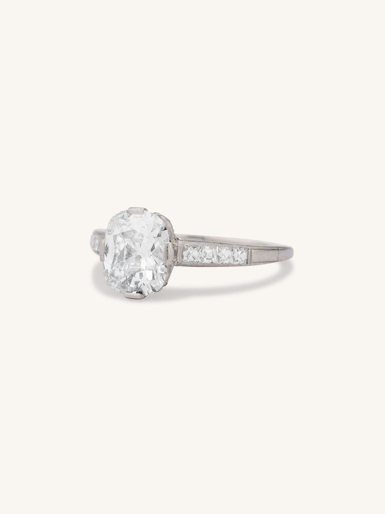 Art Deco 1.64 Cushion & French Cut Diamond Engagement Ring