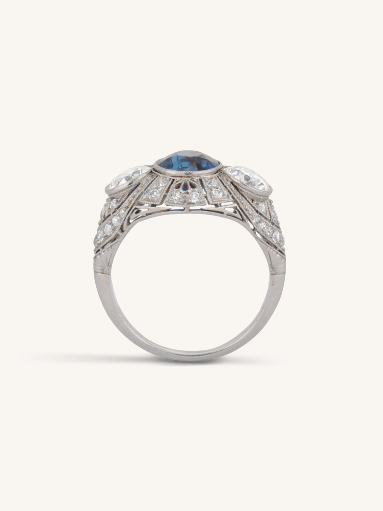 Bailey Banks & Biddle Art Deco Diamond & Sapphire Three Stone Vintage Engagement Ring