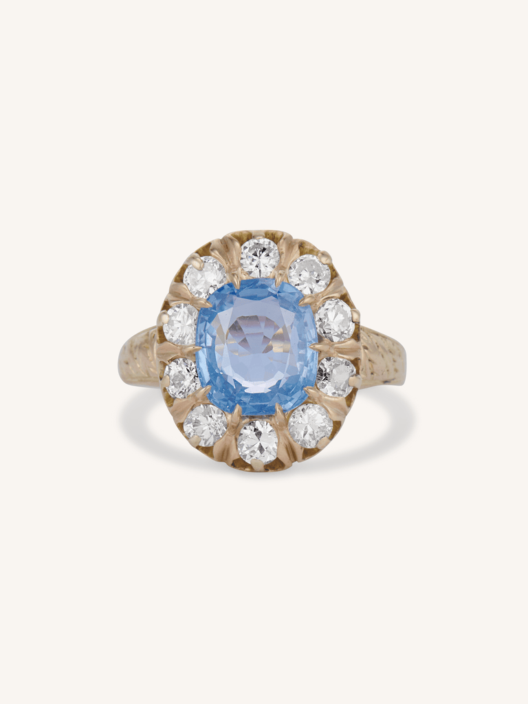 Victorian 3.16 Carat Burmese Sapphire & Diamond Cluster Engraved Antique Engagement Ring