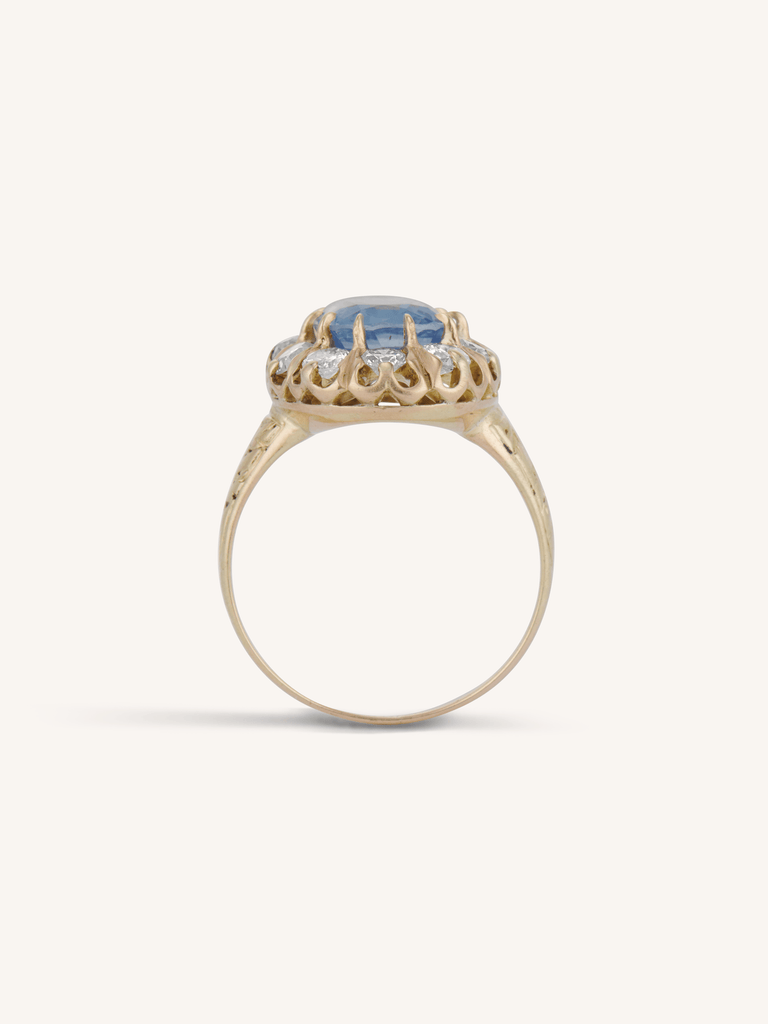 Victorian 3.16 Carat Burmese Sapphire & Diamond Cluster Engraved Antique Engagement Ring