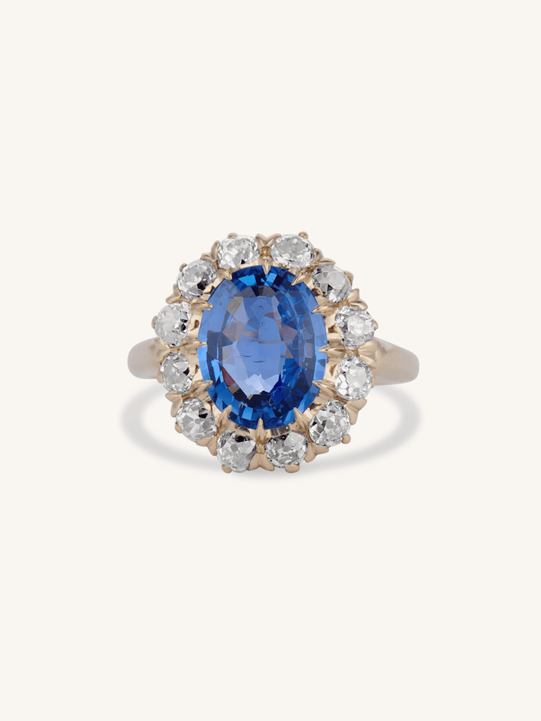 Victorian 3 Carat Untreated Oval Burmese Sapphire Diamond Cluster Ring