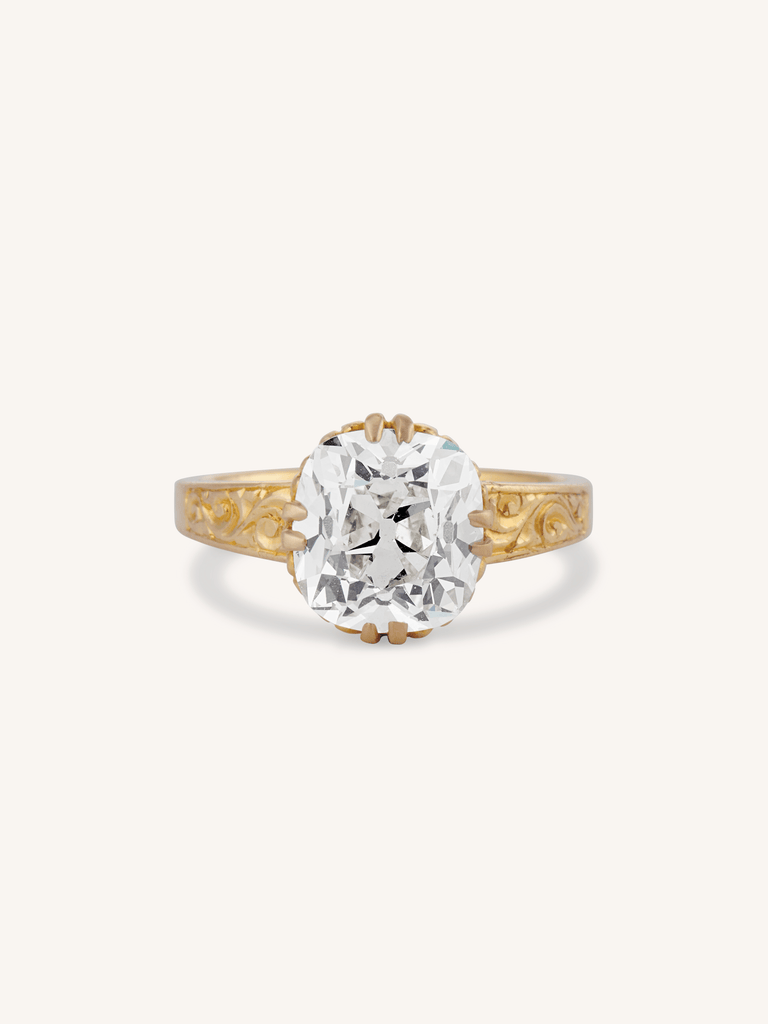 Victorian 2.35 Carat Old Mine Cut Diamond 20k Gold Engraved Solitaire Antique Engagement Ring