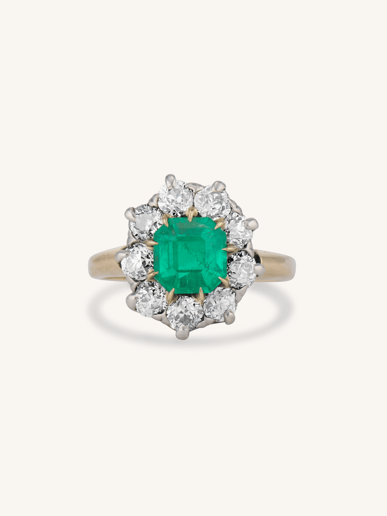 Edwardian 1.45 Carat Colombian Emerald & Diamond Cluster Antique Engagement Ring