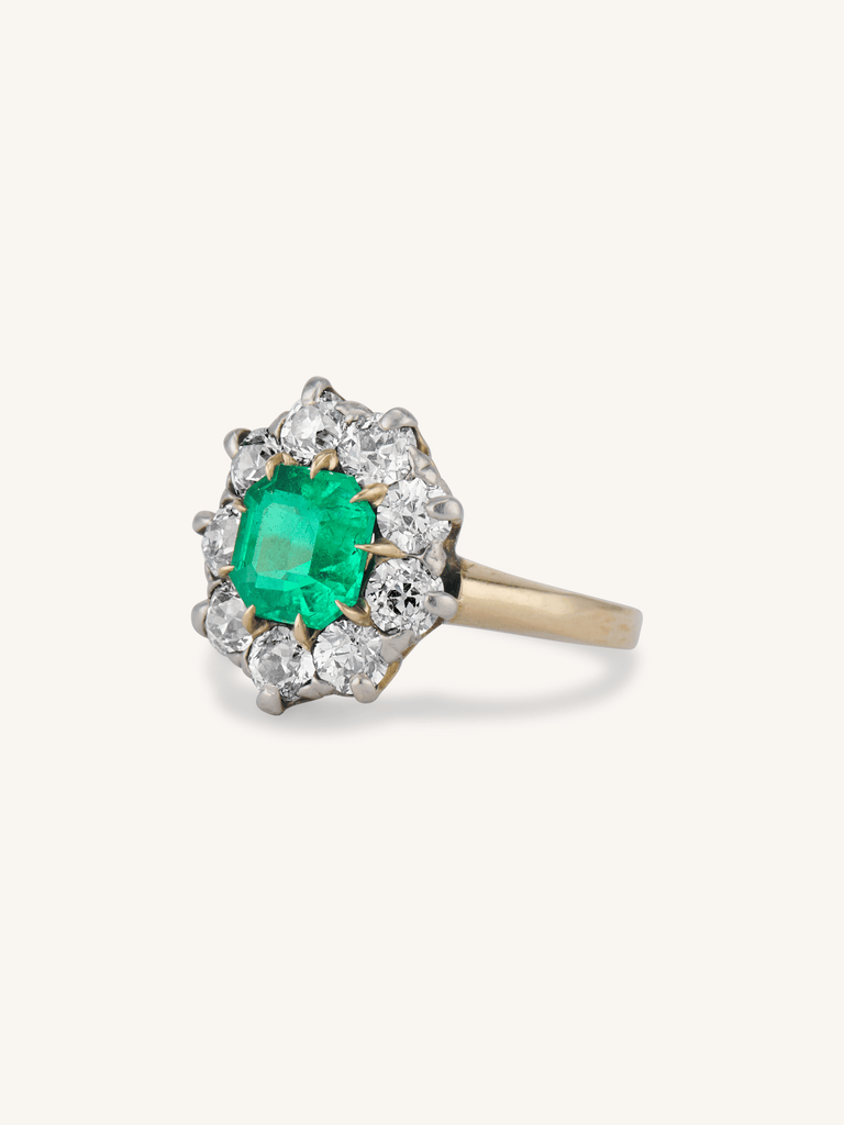 Edwardian 1.45 Carat Colombian Emerald & Diamond Cluster Antique Engagement Ring