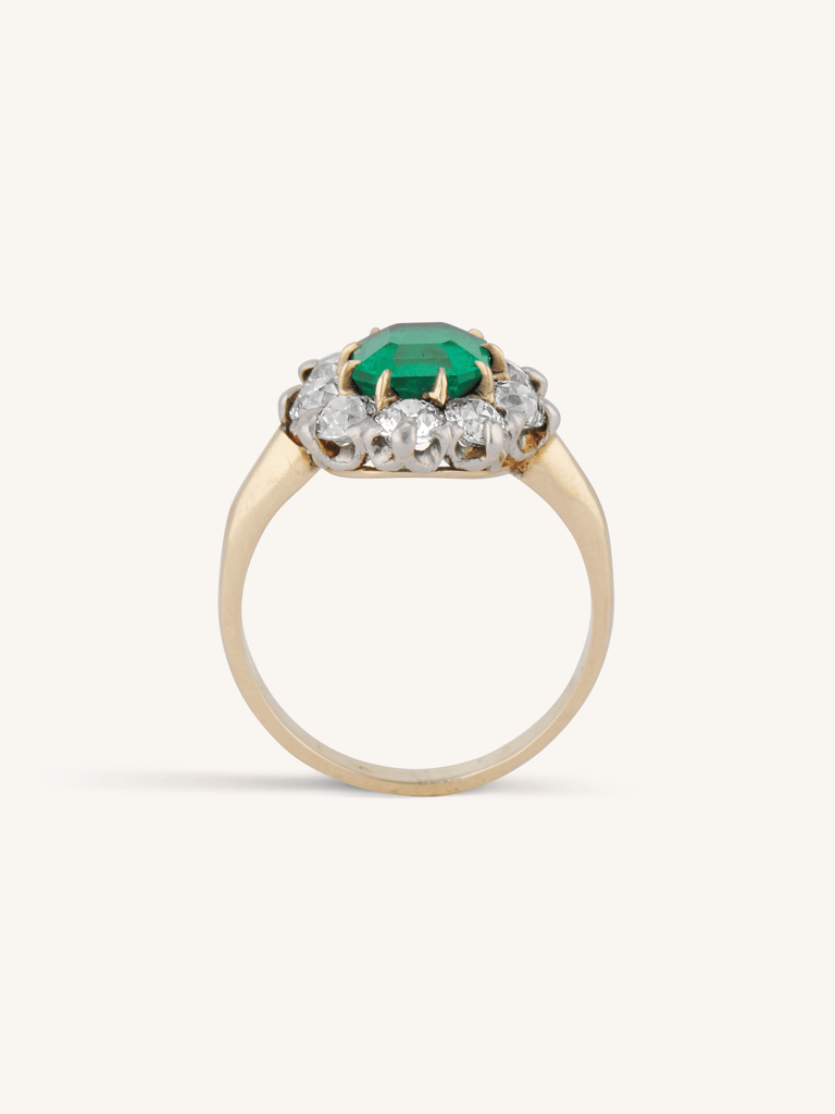 Edwardian 1.45 Carat Colombian Emerald & Diamond Cluster Antique Engagement Ring