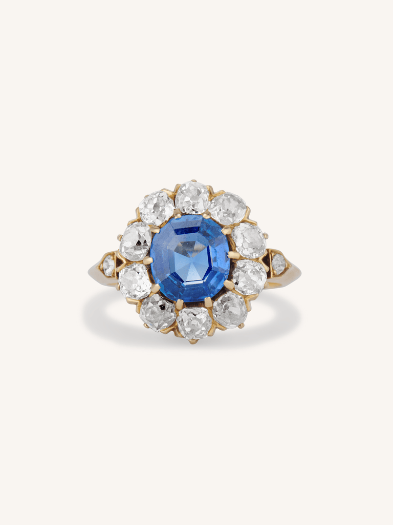 Edwardian 2.35 Carat Octagonal Cut Ceylon Sapphire & Diamond Cluster Ring