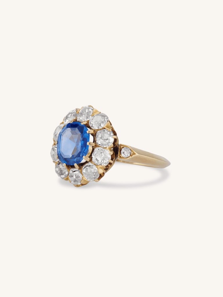 Edwardian 2.35 Carat Octagonal Cut Ceylon Sapphire & Diamond Cluster Ring