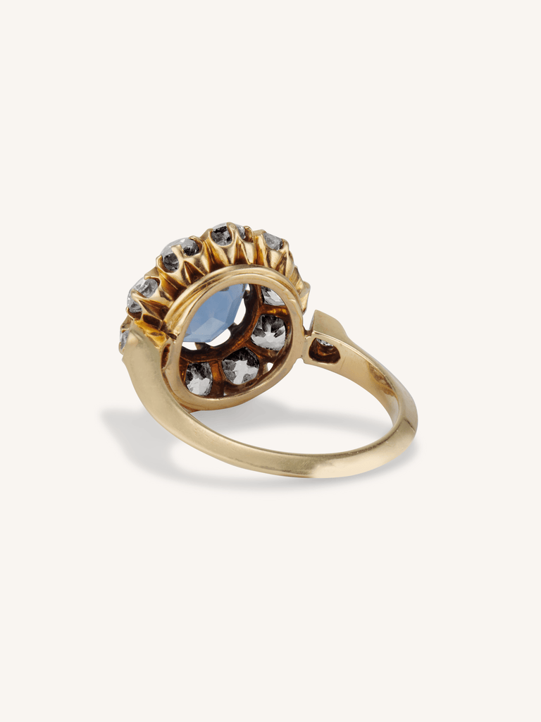 Edwardian 2.35 Carat Octagonal Cut Ceylon Sapphire & Diamond Cluster Ring