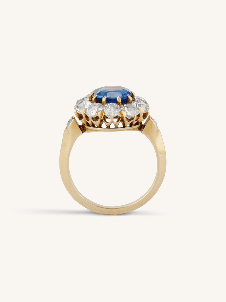 Edwardian 2.35 Carat Octagonal Cut Ceylon Sapphire & Diamond Cluster Ring