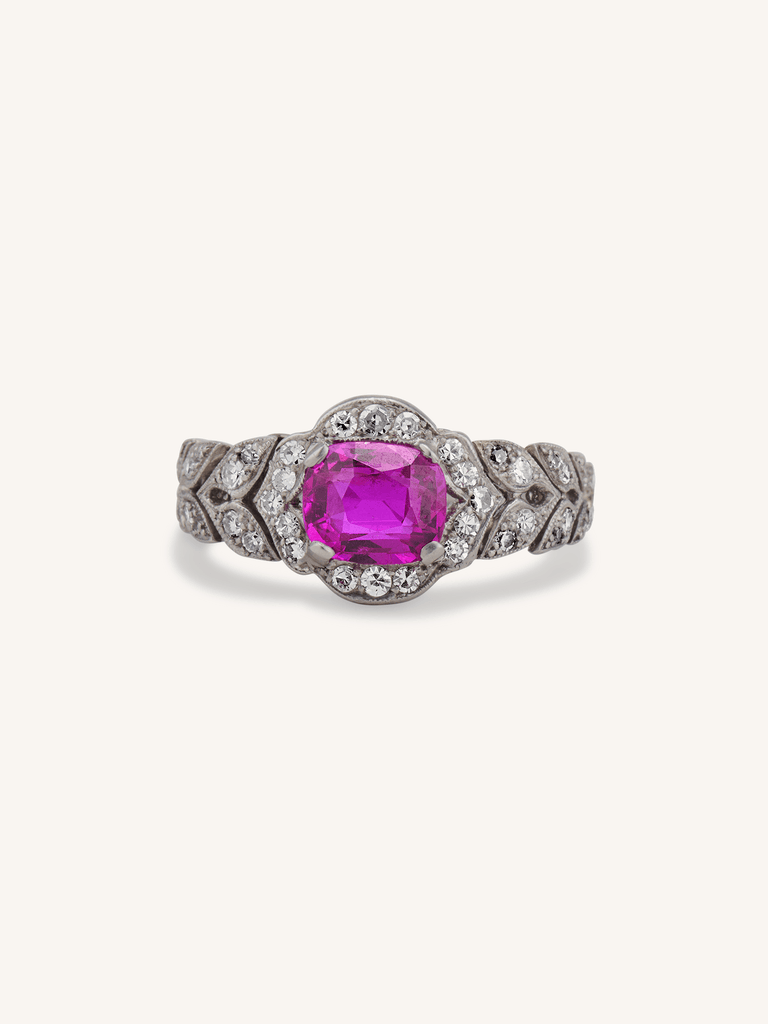 Art Deco 1.55 Cushion Cut Ruby and Diamond Engagement Ring