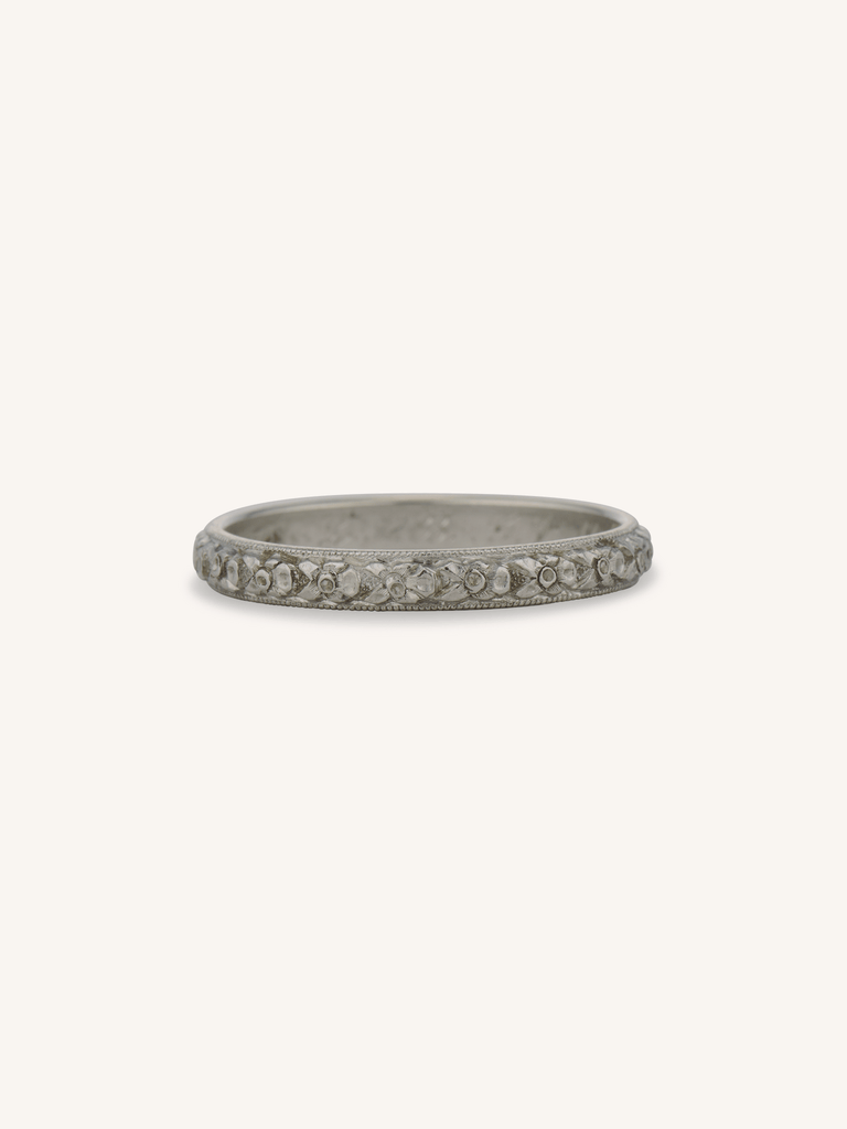1925 Art Deco Hand-Engraved Florette Platinum Antique Wedding Band Inscribed "L.A.B – G.V.M. 6.22.25" - Size 6.75