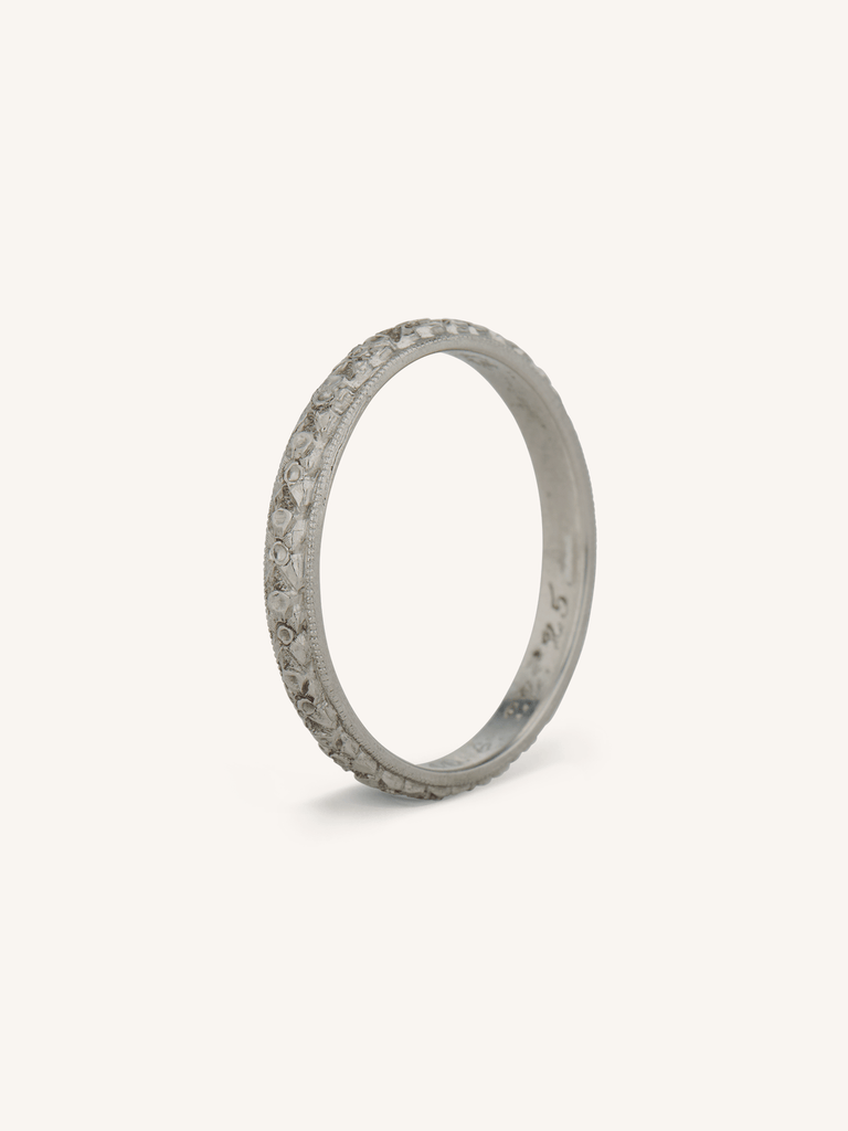 1925 Art Deco Hand-Engraved Florette Platinum Antique Wedding Band Inscribed "L.A.B – G.V.M. 6.22.25" - Size 6.75