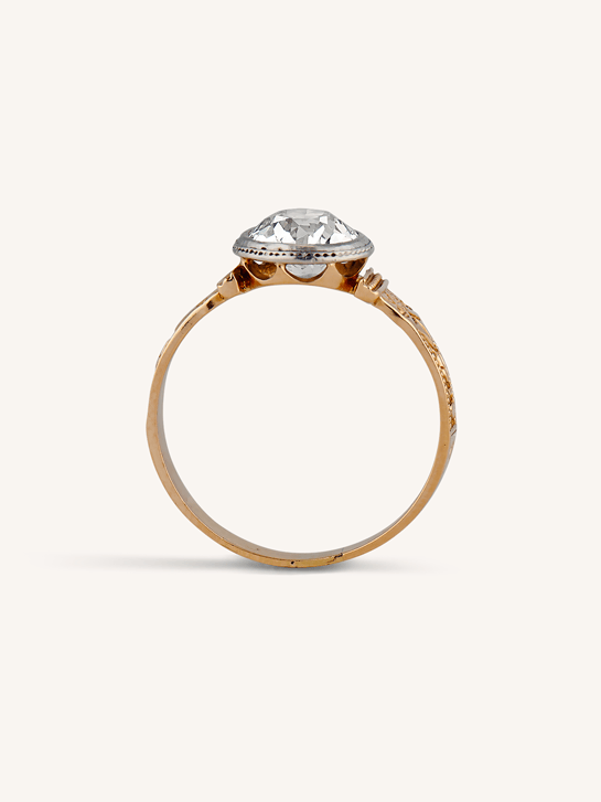 Victorian 1.49 Carat Old European Cut Diamond Two-Tone Bezel Set Engraved 14k Yellow Gold Antique Engagement Ring