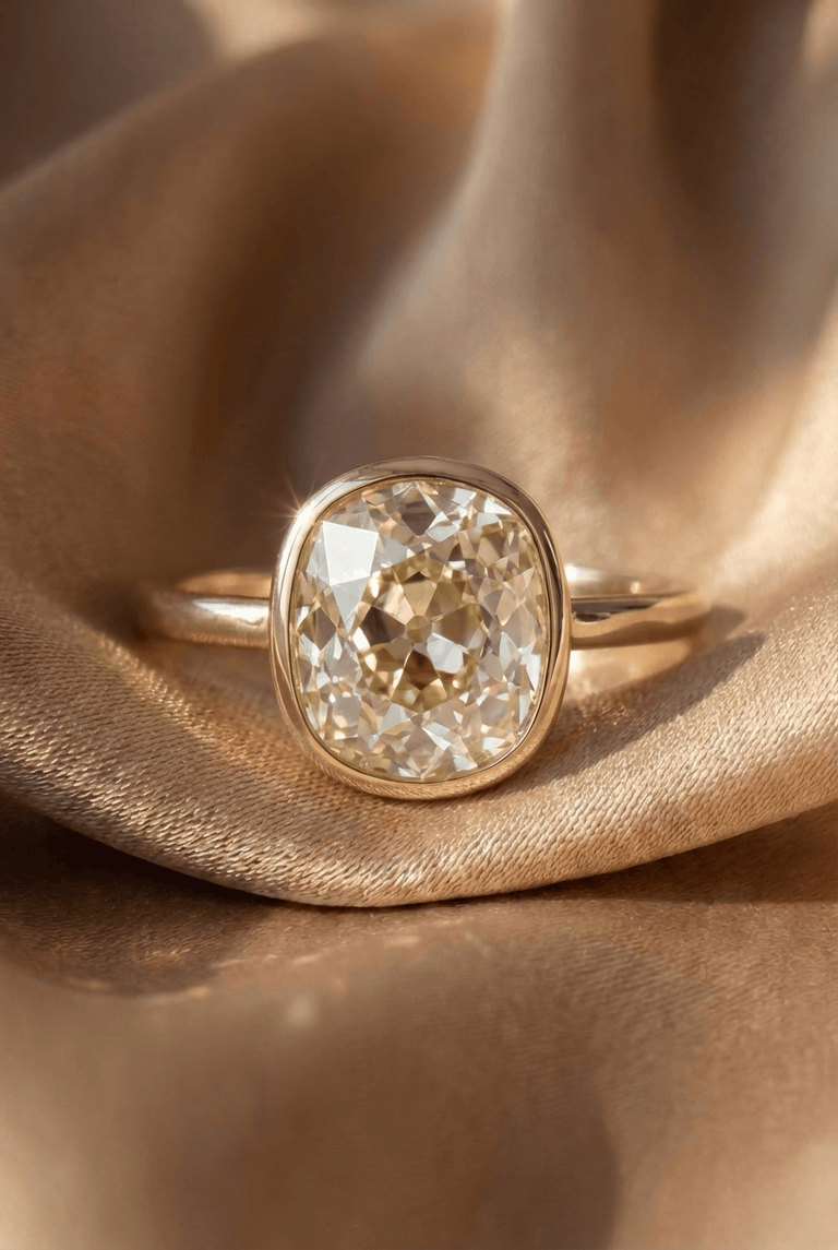 Classic Old Mine Cushion Cut Diamond Bezel Solitaire Engagement Ring 3.07