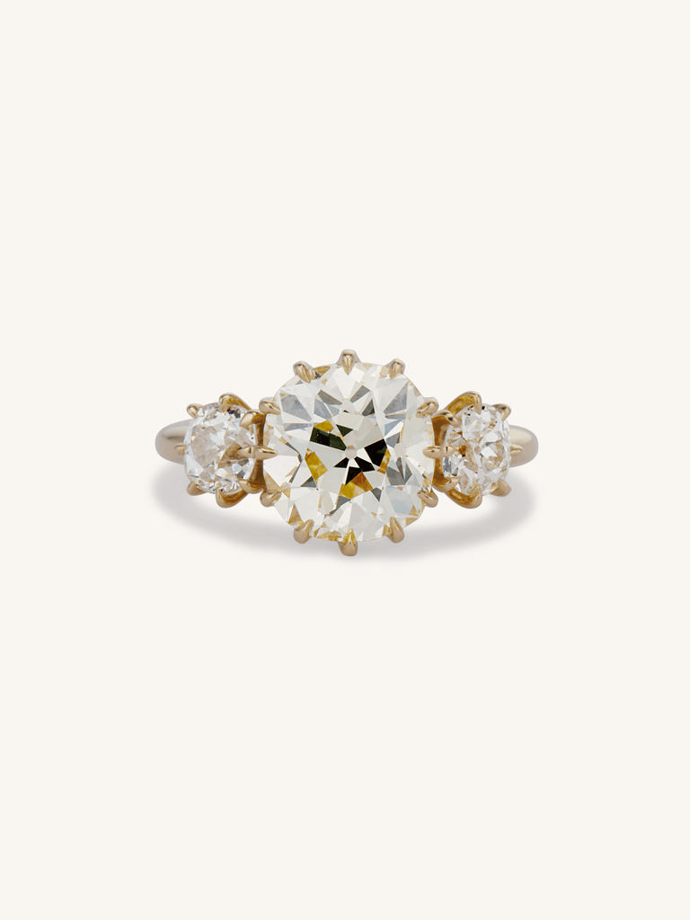 3.06ct Antique Old Mine Diamond Three Stone 18k Gold Engagement Ring | Celeste Solitaire