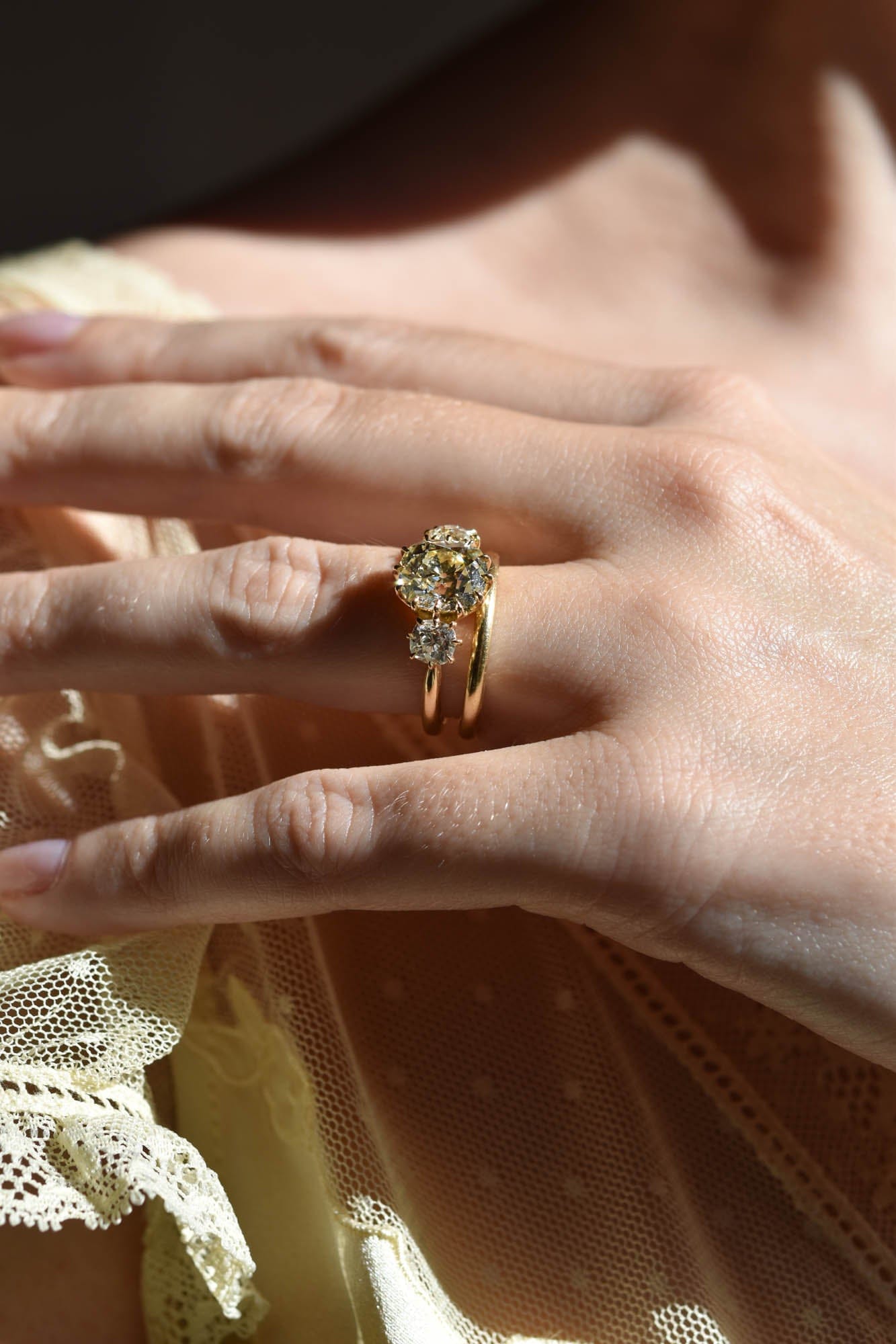 3.18ct Antique Old Mine Diamond Three Stone 18k Gold Engagement