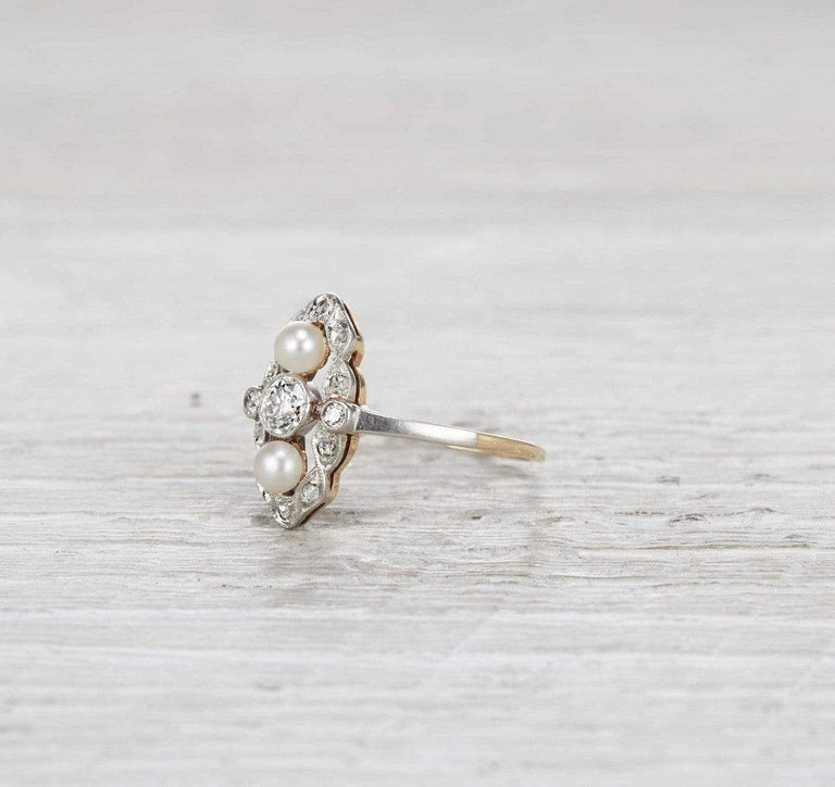 .30 Carat Edwardian Diamond and Pearl Navette Ring