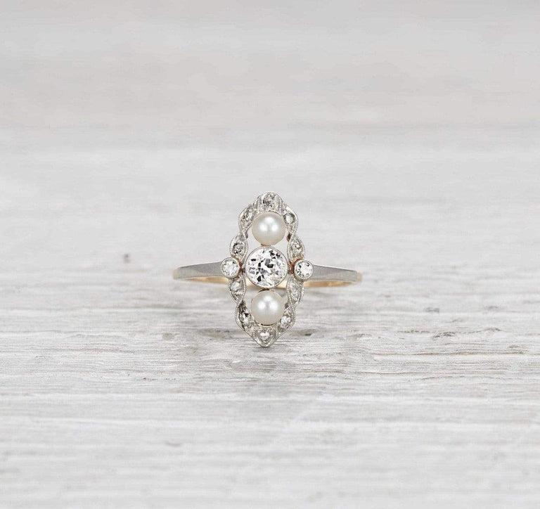 .30 Carat Edwardian Diamond and Pearl Navette Ring
