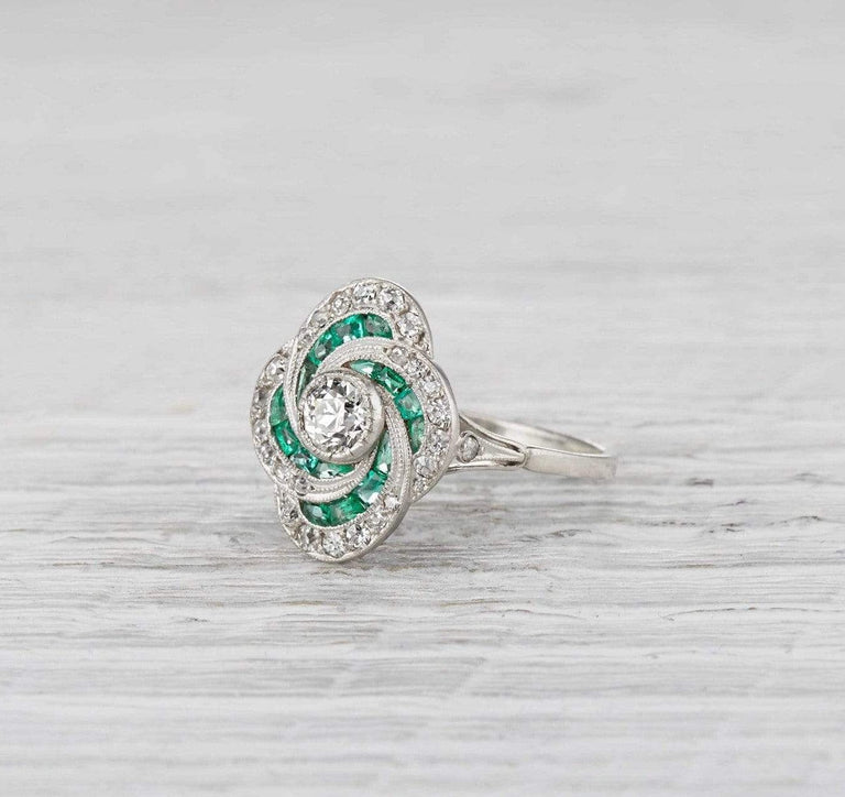 .35 Carat Art Deco Diamond and Emerald Ring