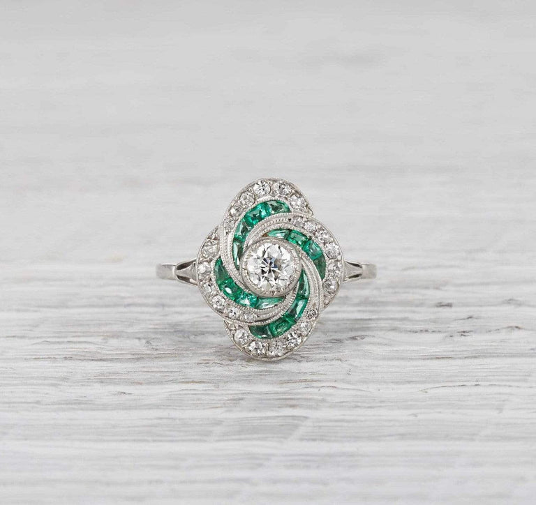 .35 Carat Art Deco Diamond and Emerald Ring