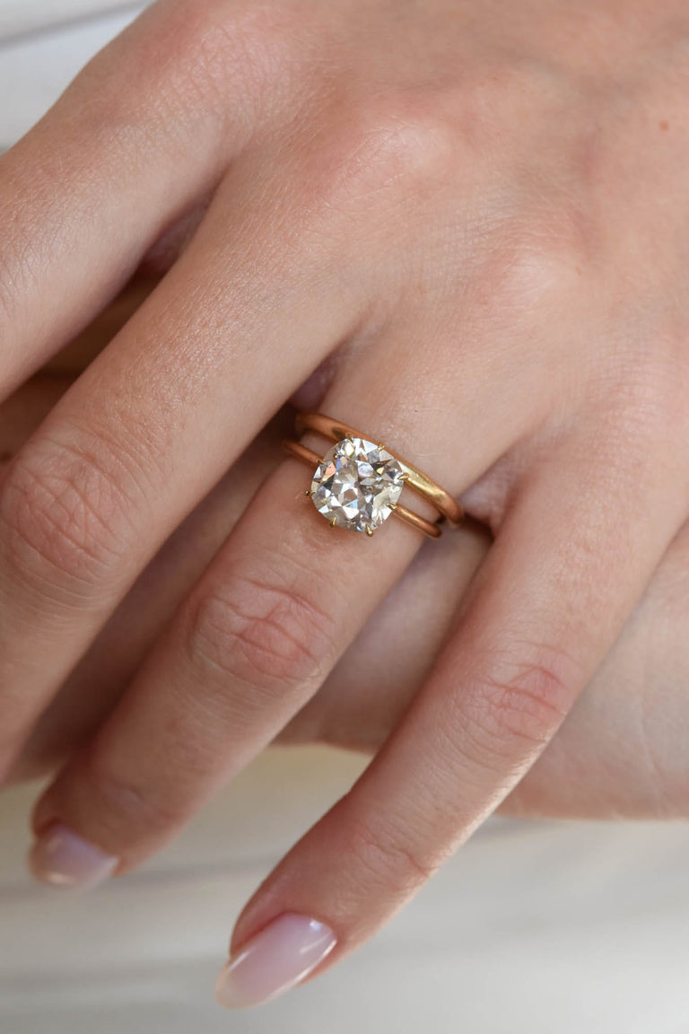 3 Carat Antique Old Mine Cushion Cut Diamond Solitaire 18K Gold Engagement Ring Astrid