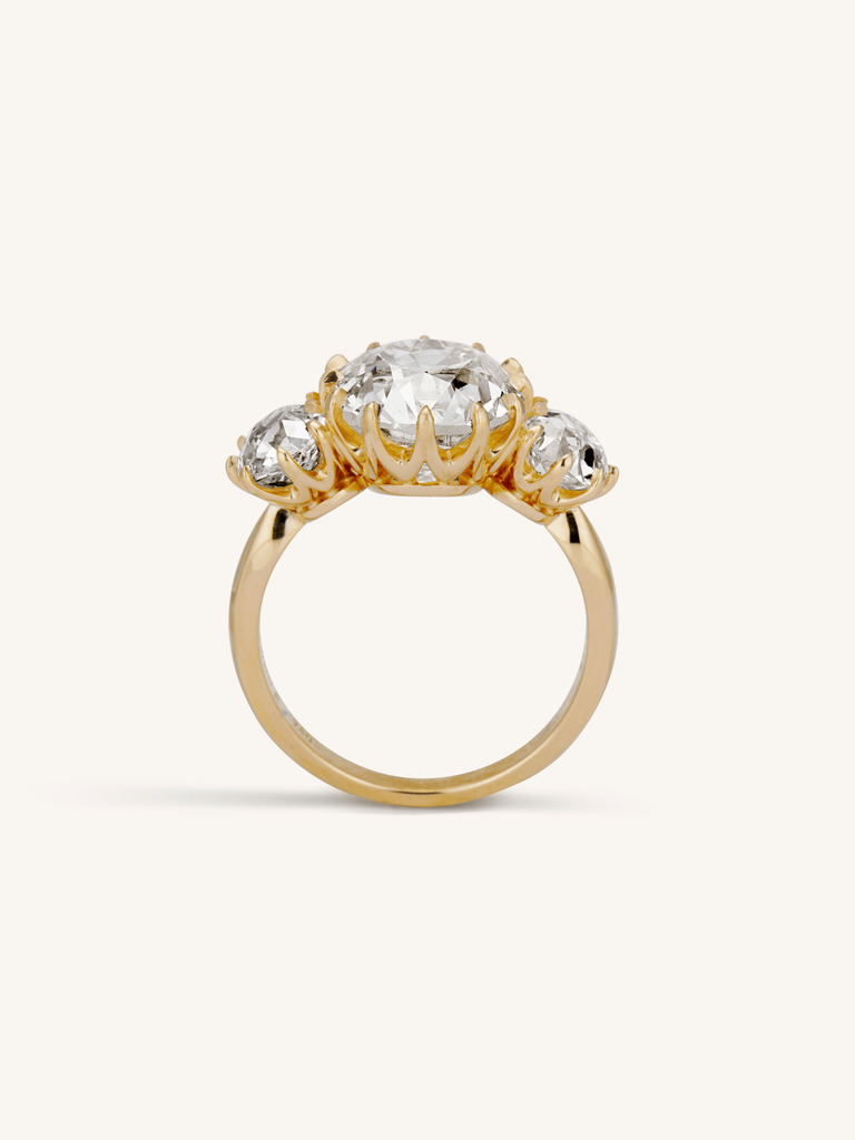 4.41 Carat Antique Old Mine Cut Diamond Three Stone Engagement Ring | Celeste