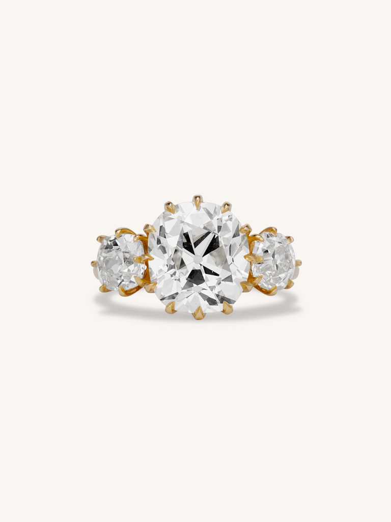 4.41 Carat Antique Old Mine Cut Diamond Three Stone Engagement Ring | Celeste