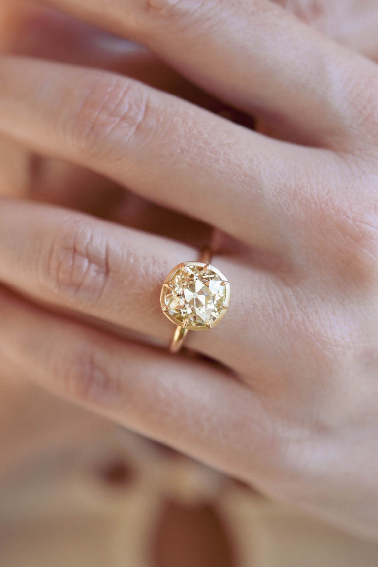 4.42ct Old Mine Cut Diamond "Button Back" Yellow Gold Engagement Ring | One For You on a hand