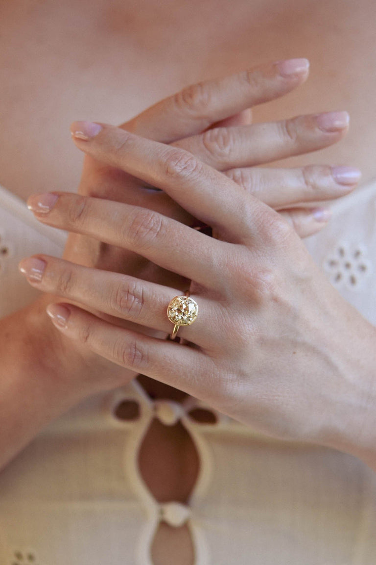 4.42ct Old Mine Cut Diamond "Button Back" Yellow Gold Engagement Ring | One For You on a hand