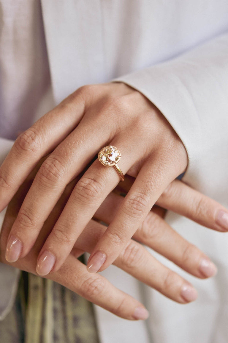 4.42ct Old Mine Cut Diamond "Button Back" Yellow Gold Engagement Ring | One For You on a hand 4