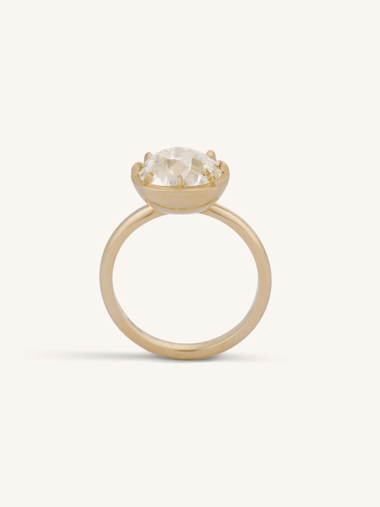 4.42ct Old Mine Cut Diamond "Button Back" Yellow Gold Engagement Ring | One For You on a hand profile
