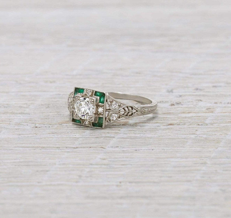 .40 Carat Diamond & Emerald Art Deco Engagement Ring