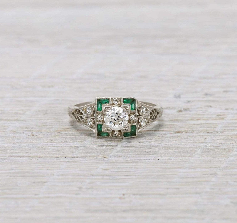 .40 Carat Diamond & Emerald Art Deco Engagement Ring
