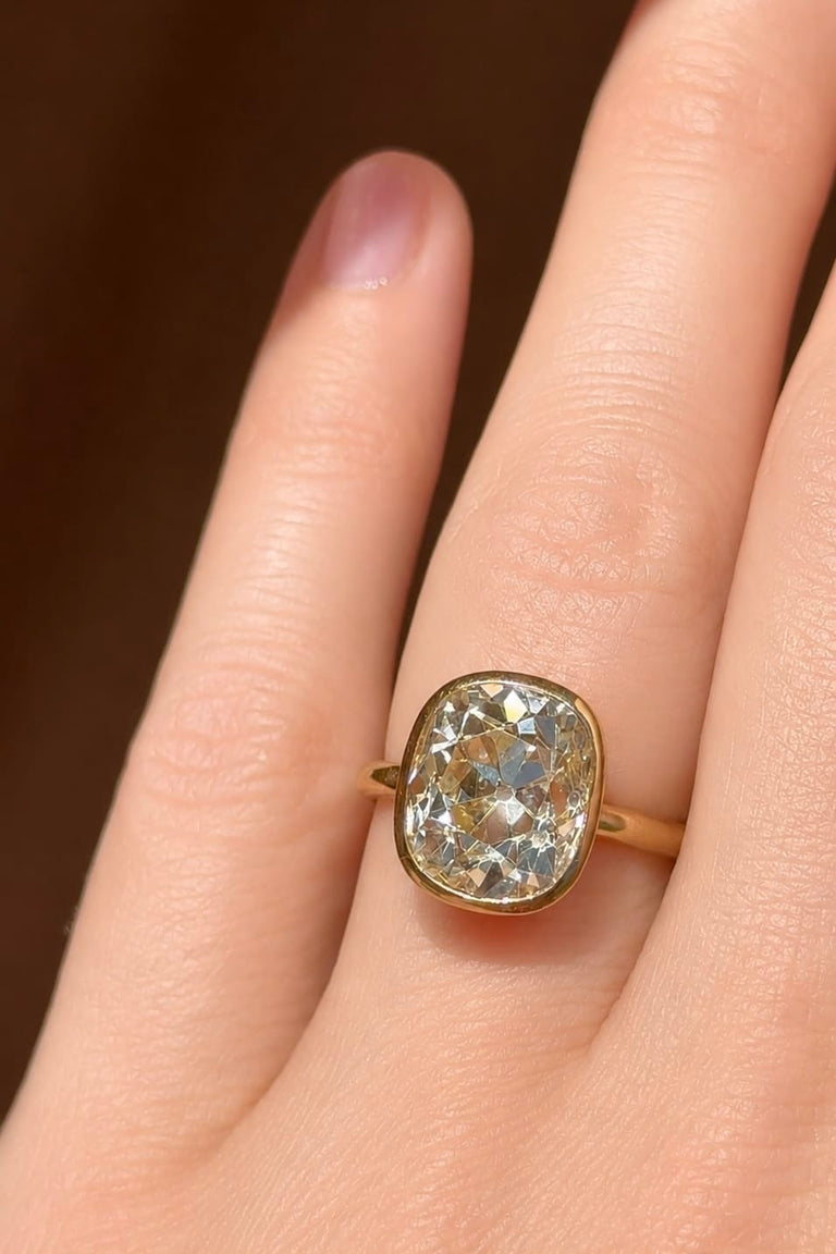 Classic Old Mine Cushion Cut Diamond Bezel Solitaire Engagement Ring 5.88