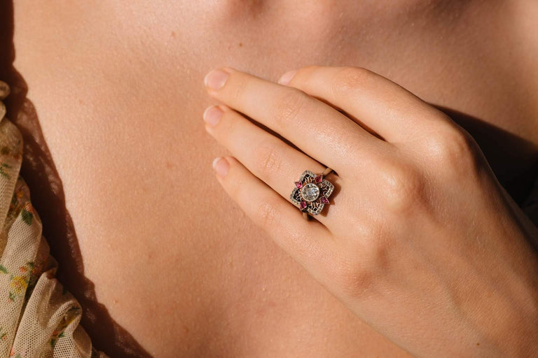 .50 CARAT EDWARDIAN DIAMOND AND RUBY ENGAGEMENT RING