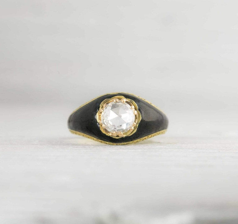 .72 Carat Antique Victorian Rose Cut Diamond & Black Enamel Engagement Ring