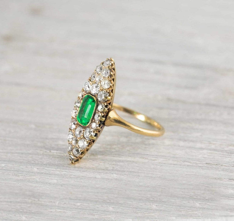 .75 Carat Antique Victorian Emerald & Diamond Navette Shaped Engagement Ring