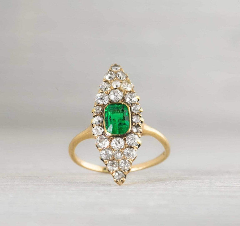 .75 Carat Antique Victorian Emerald & Diamond Navette Shaped Engagement Ring