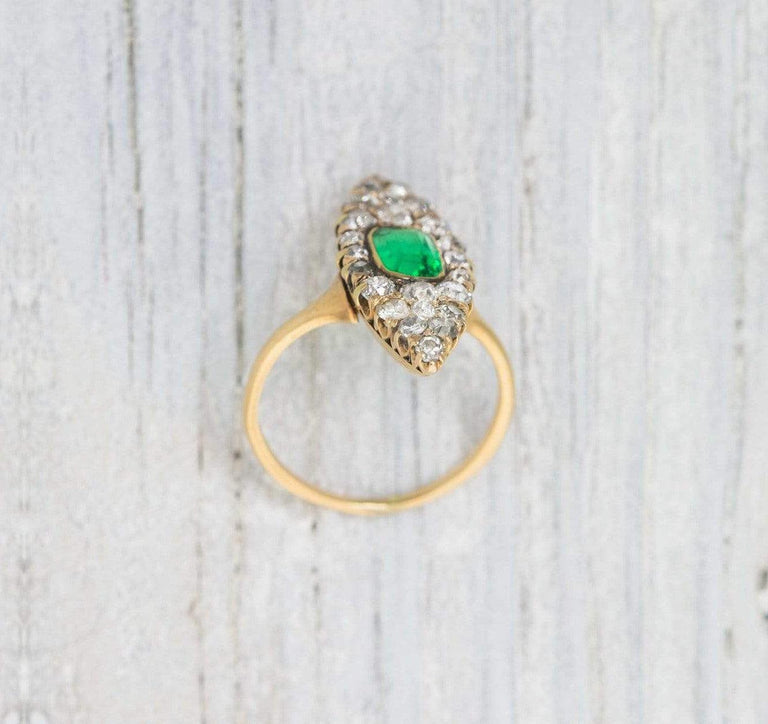 .75 Carat Antique Victorian Emerald & Diamond Navette Shaped Engagement Ring