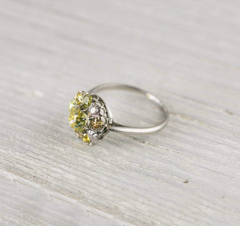 .80 Yellow Diamond Edwardian Vintage Cluster Engagement Ring