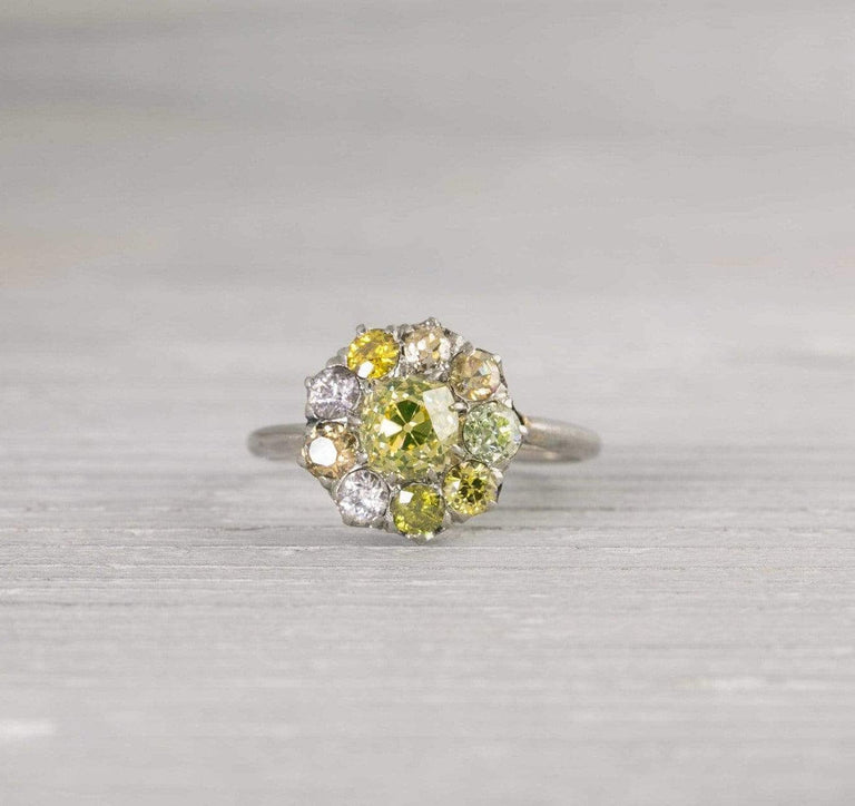.80 Yellow Diamond Edwardian Vintage Cluster Engagement Ring