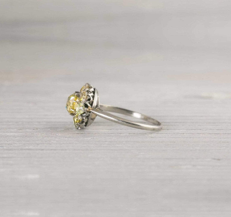 .80 Yellow Diamond Edwardian Vintage Cluster Engagement Ring