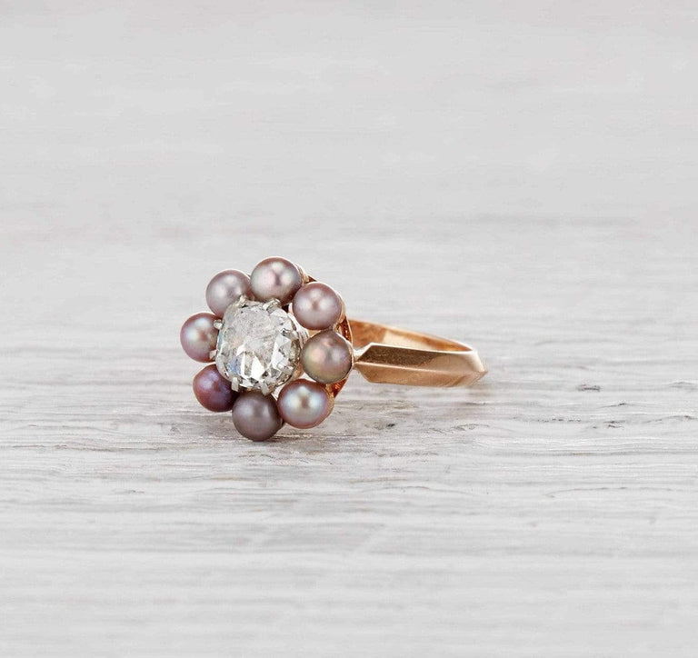 .85 Carat Victorian Diamond and Pearl Cluster Ring