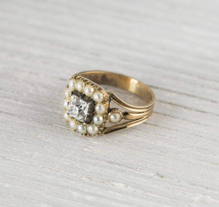 .90 Carat Antique Victorian Pearl & Diamond Gold Engagement Ring