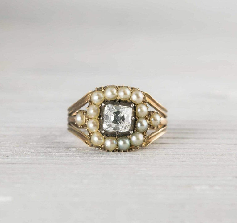 .90 Carat Antique Victorian Pearl & Diamond Gold Engagement Ring