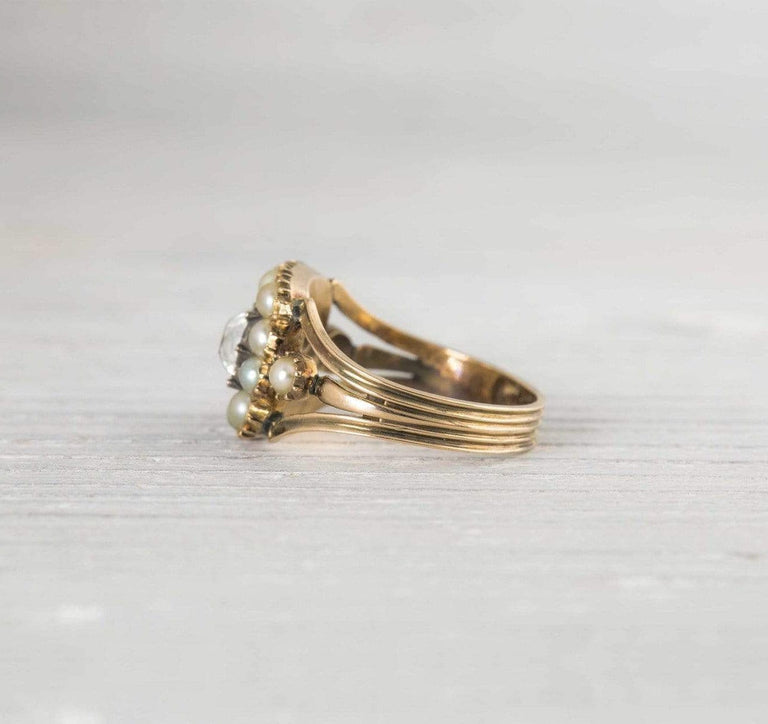 .90 Carat Antique Victorian Pearl & Diamond Gold Engagement Ring