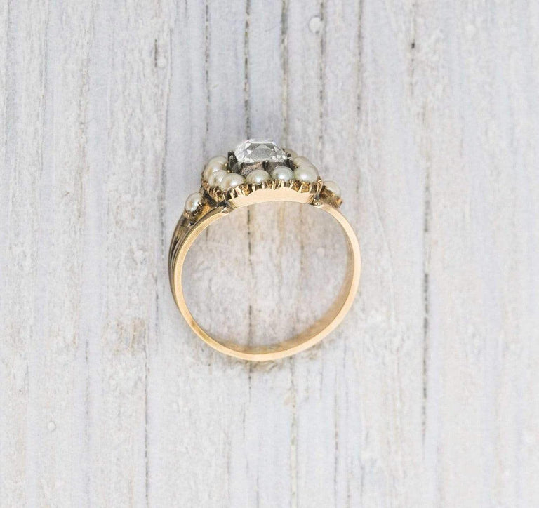 .90 Carat Antique Victorian Pearl & Diamond Gold Engagement Ring