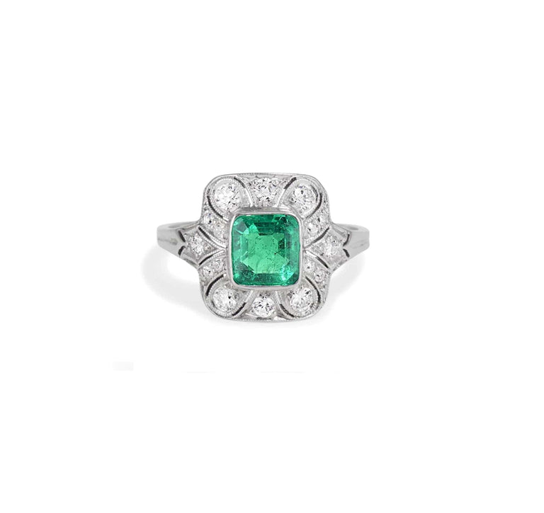 .95 CARAT ART DECO EMERALD AND DIAMOND RING
