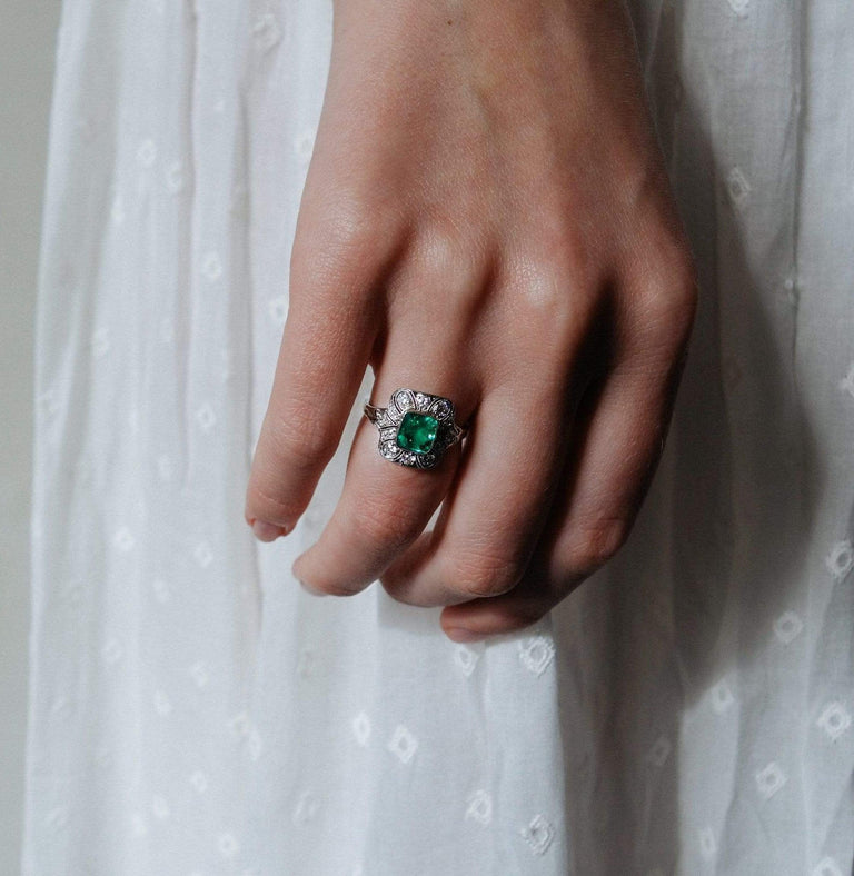.95 CARAT ART DECO EMERALD AND DIAMOND RING